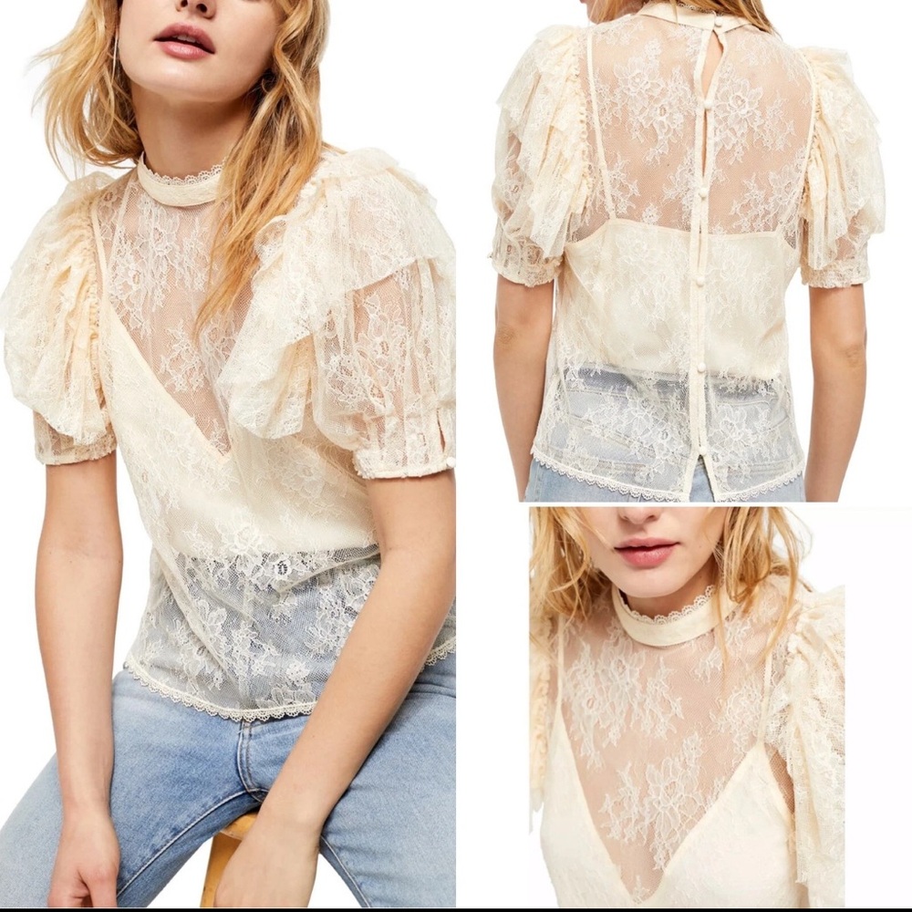 New Free People Secret Admirer Lace Puff Sleeve Romantic Blouse w/Removable Cami